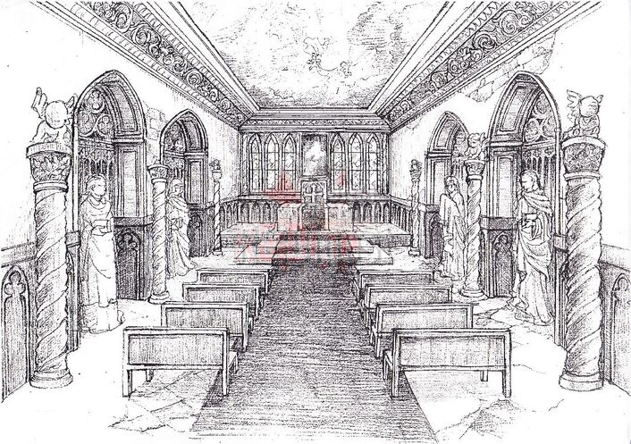 Des lieux prévus lors du développement furent abandonnés, comme une chapelle ici représentée